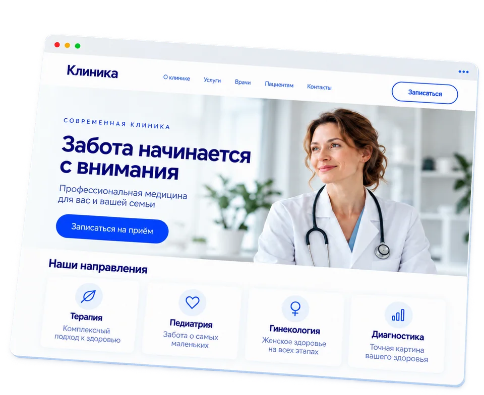 Пример сайта клиники: главная страница с направлениями
